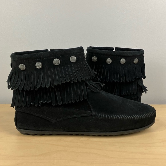 Minnetonka Black Fringe Ankle Boots - Picture 2 of 12